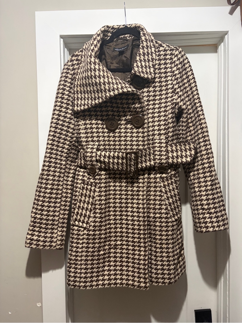 Houndstooth Double-Breasted Pea Coat with Belt - Brown & Cream